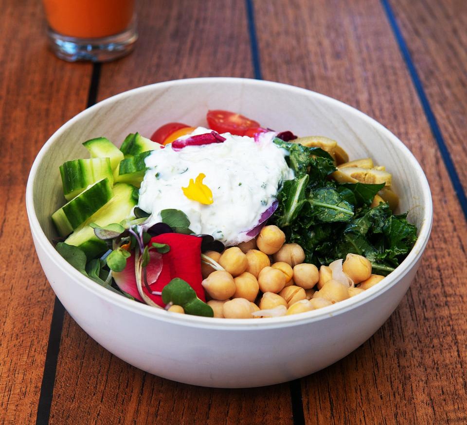 Toasted chickpea Mediterranean bowl at Eau's Savor.