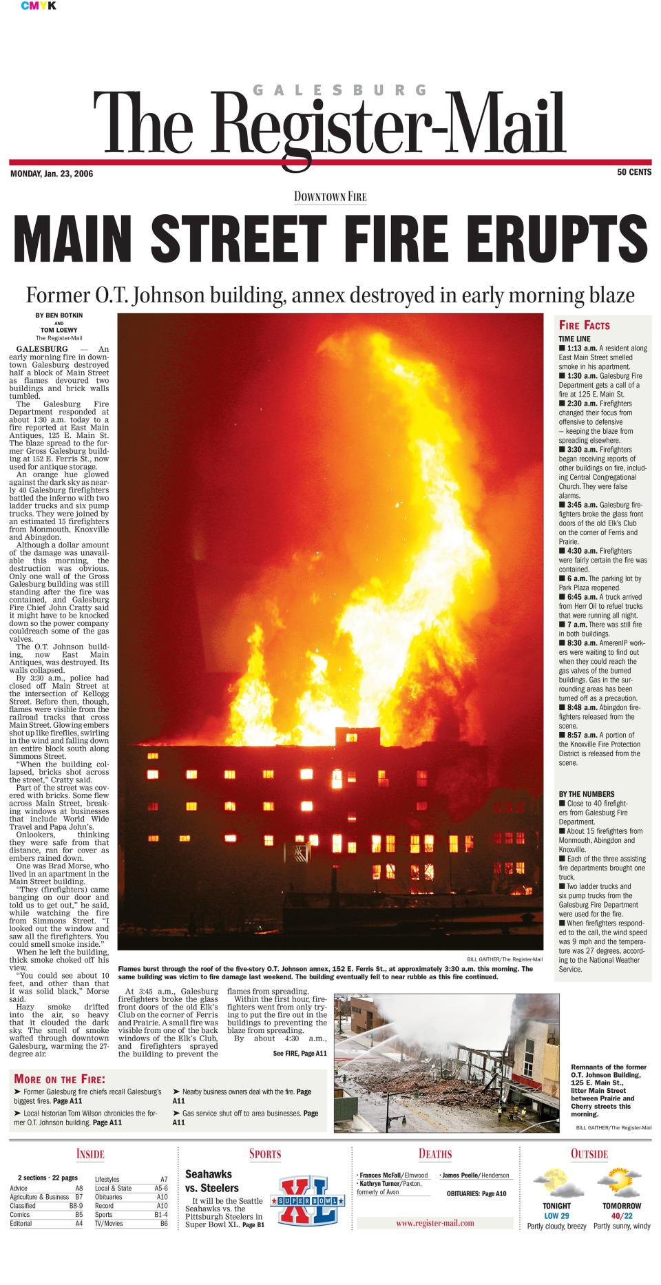 The O.T. Johnson fire in the early morning hours of Jan. 23, 2006, lighted up the night and sent ash showering blocks away. The photo was taken by Bill Gaither and the page was designed by Jay Redfern.