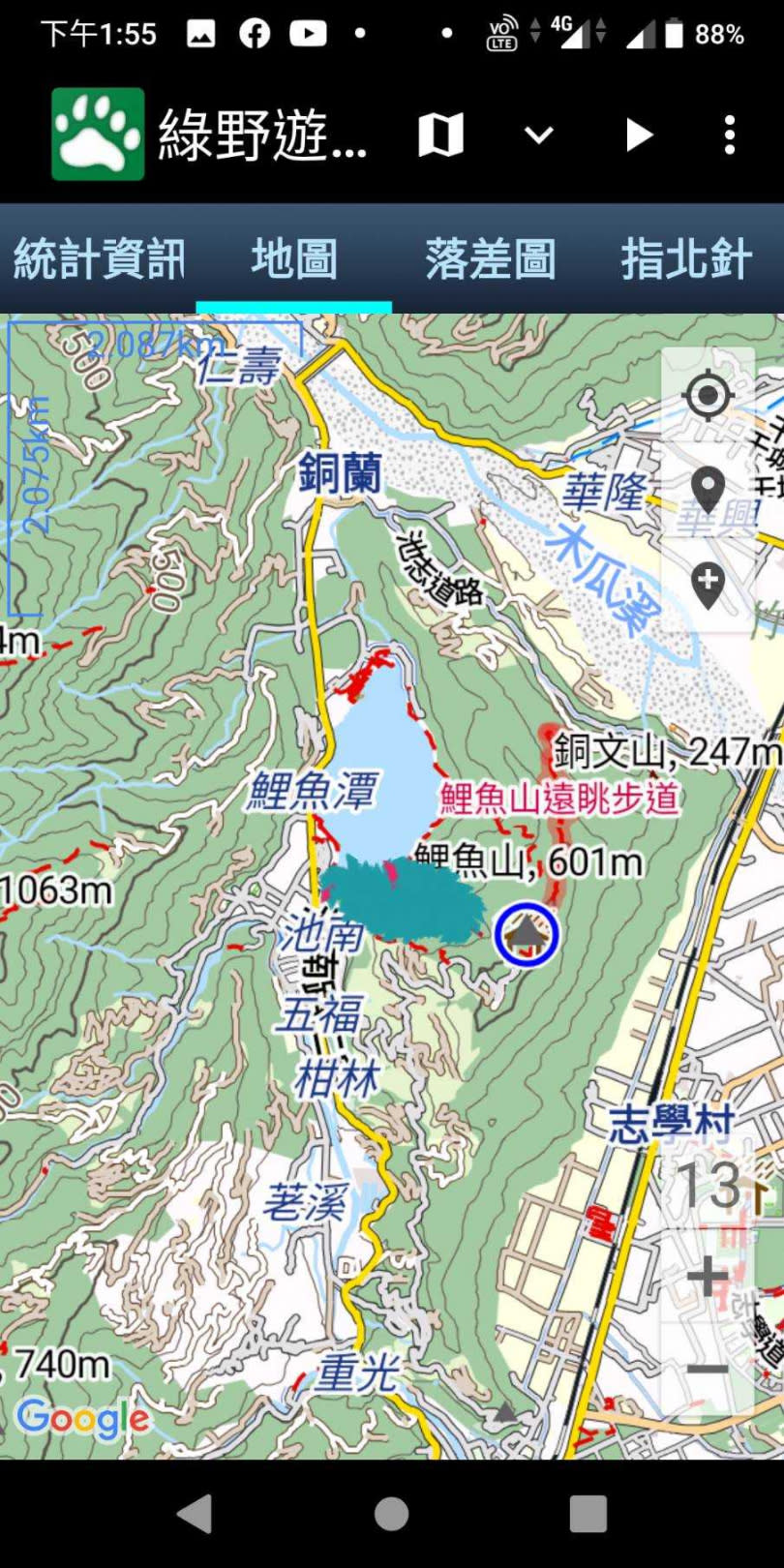 綠野遊蹤App搭配魯地圖，可透過之前山友走過的足跡，了解登山路線。（圖／截自綠野遊蹤App）