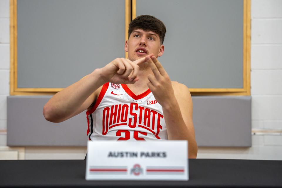 Sep 25, 2023; Columbus, OH, USA; Austin Parks talks about their upcoming season at the Schottensteim Center.