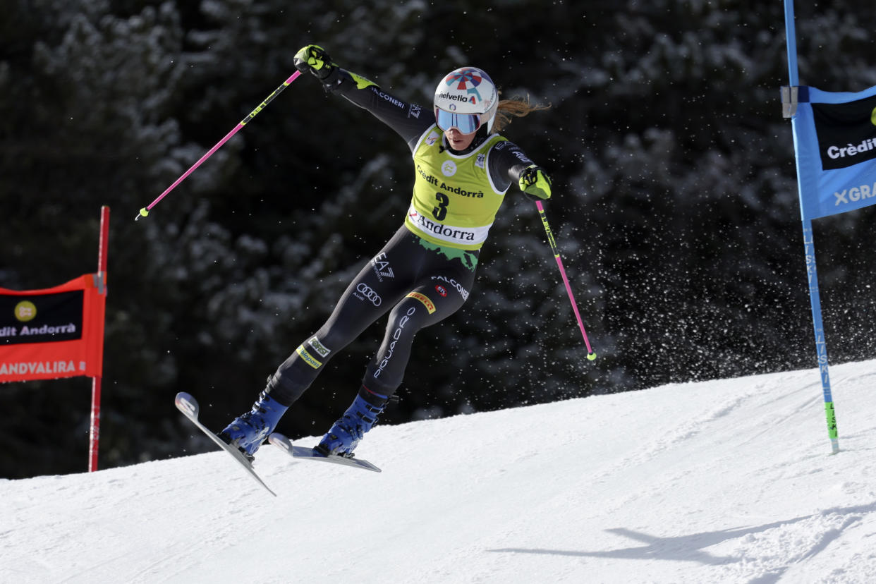 Italy's Marta Bassino competes in an alpine ski, women's World Cup giant slalom race, in Soldeu, Andorra, Sunday, March 19, 2023. (AP Photo/Alessandro Trovati)