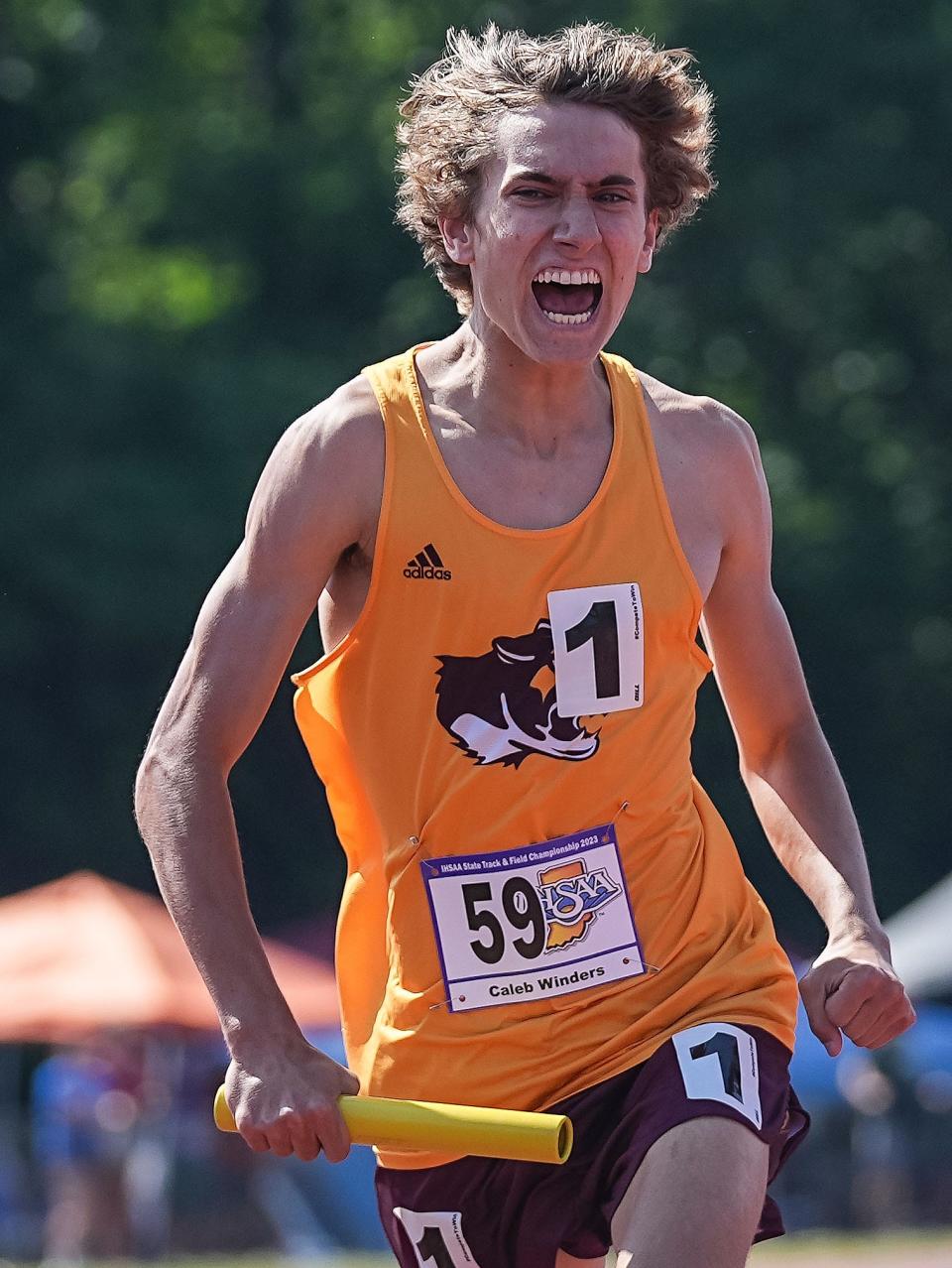 Bloomington North Caleb Winders yells in excitement Friday, June 2, 2023, during the IHSAA boys track and field state finals at Robert C. Haugh Track and Field Complex at Indiana University in Bloomington. 