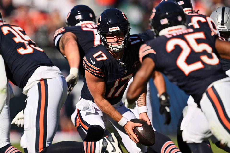 Oct 22, 2023; Chicago, Illinois, USA; Chicago Bears quarterback Tyson Bagent (17) during a game against the Las Vegas Raiders at Soldier Field. Mandatory Credit: Jamie Sabau-USA TODAY Sports