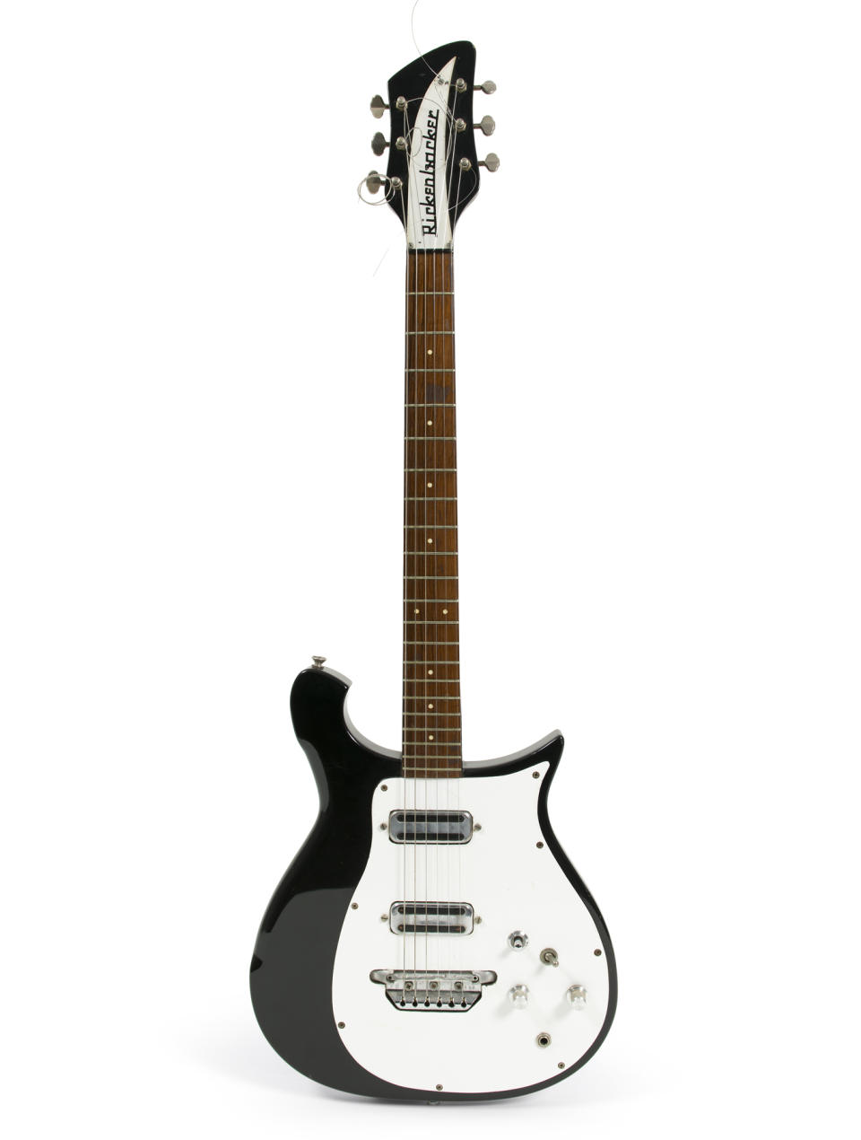 This undated photo provided by Julien's Auctions shows the1962 Rickenbacker 425 guitar that George Harrison played as The Beatles recorded "I Want to Hold Your Hand" at Abbey Road Studios. It could bring up to $600,000 on May 17, 2014 during a rock memorabilia sale by Julien’s Auctions at the Hard Rock Cafe in New York. (AP Photo/Julien's Auctions)