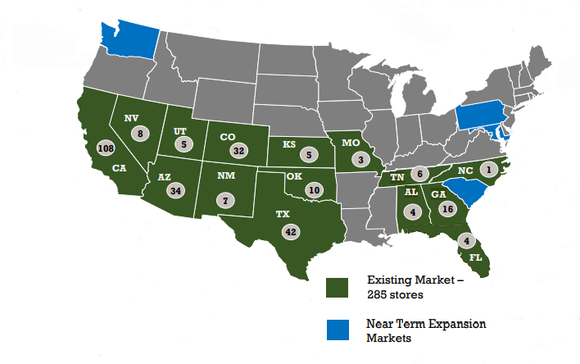 U.S. map showing existing locations of Sprouts Farmers Markets in green, and near-term Sprouts expansion markets in blue.