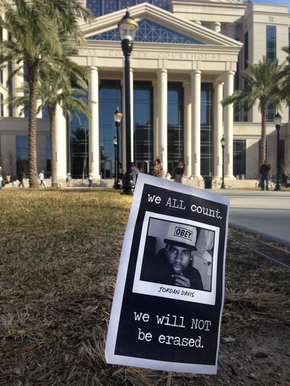 Memorial to shooting victim Jordan Davis, 17, in 2014 outside the courthouse in Jacksonville, Fla.