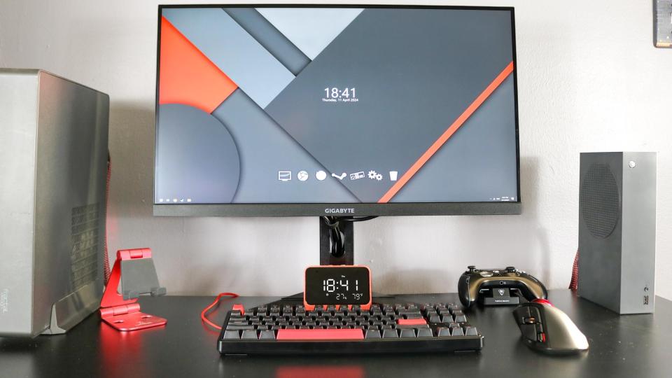 The Keychron C3 Pro on a desk with a monitor and PC