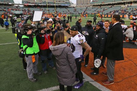 Jan 1, 2017; Cincinnati, OH, USA; Baltimore Ravens wide receiver Steve Smith (89) answers questions from the media on the field after the game against the Cincinnati Bengals at Paul Brown Stadium. The Bengals won 27-10. Mandatory Credit: Aaron Doster-USA TODAY Sports