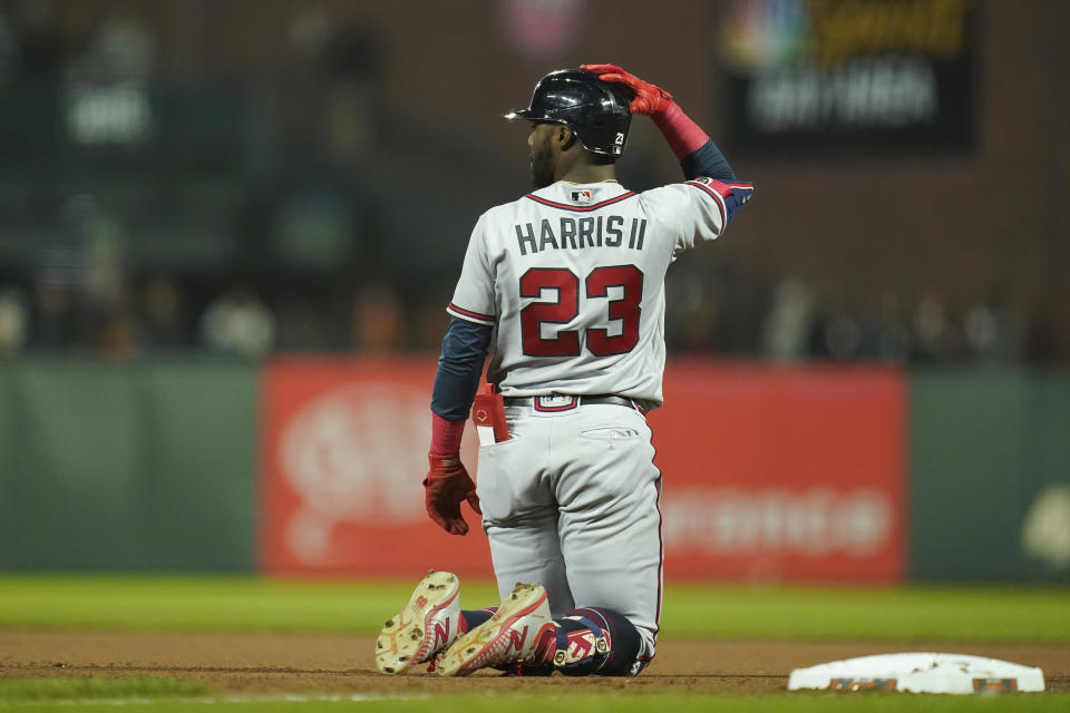 Atlanta Braves' Michael Harris II, who singled, reacts after being thrown out at first by San Francisco Giants center fielder Lewis Brinson during the seventh inning of a baseball game in San Francisco, Monday, Sept. 12, 2022. (AP Photo/Godofredo A. Vásquez)