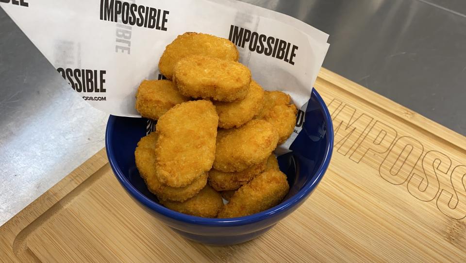 This Sept. 21, 2021 photo shows Impossible Foods’ new meatless nuggets in Redwood City, Calif. (AP Photo/Terry Chea)