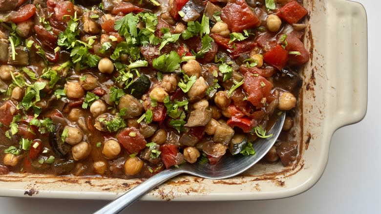 vegetable casserole in white pan