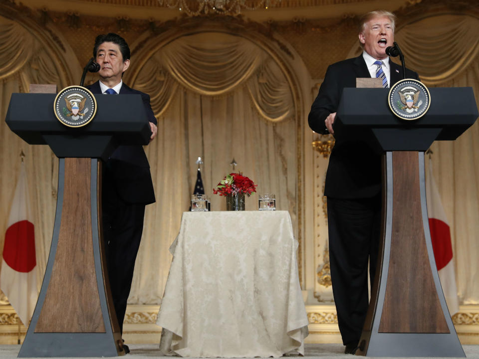 Donald Trump and Shinzo Abe speak during a news conference at Trump's private Mar-a-Lago club in Palm Beach, Florida: AP Photo/Pablo Martinez Monsivais