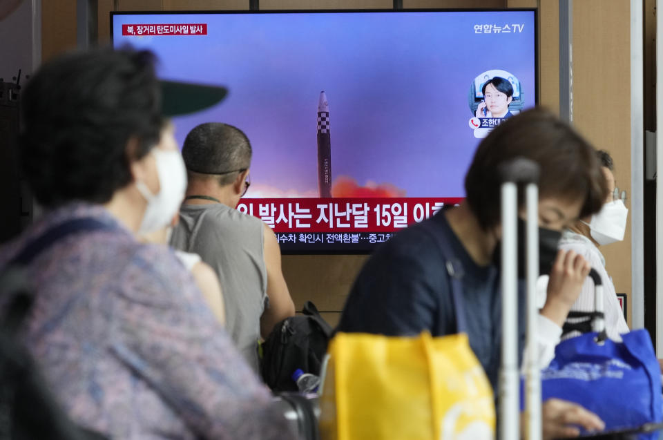 A TV screen shows an image of North Korea's missile launch during a news program at the Seoul Railway Station in Seoul, South Korea, Wednesday, July 12, 2023. North Korea launched a ballistic missile toward its eastern waters Wednesday, its neighbors said, two days after the North threatened “shocking” consequences to protest what it called a provocative U.S. reconnaissance activity near its territory.(AP Photo/Ahn Young-joon)