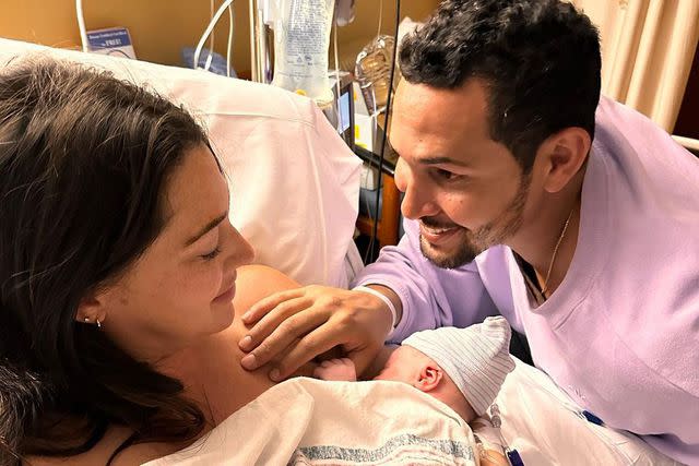 <p>Becca Kufrin/Instagram</p> Becca Kufrin and Thomas Jacobs with their newborn son