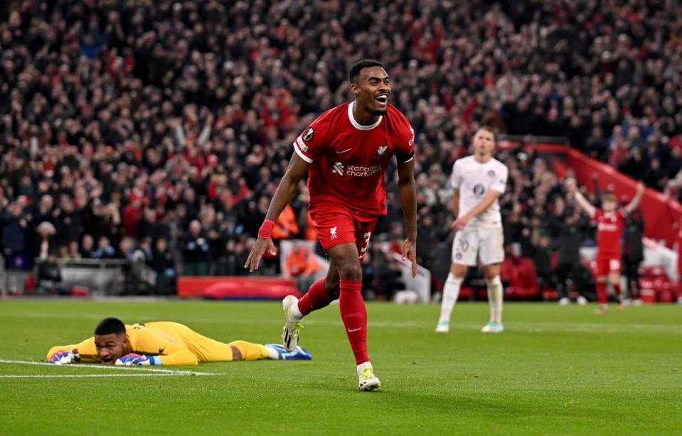 Ryan Gravenberch celebrates after scoring Liverpool’s fourth goal (Liverpool FC via Getty Images)