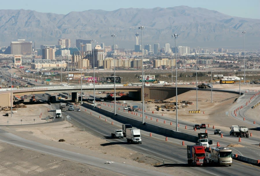 <em>FILE – In this Feb. 12, 2008, file photo, traffic moves along Interstate 15 in Las Vegas. (AP Photo/Jae C. Hong, file)</em>