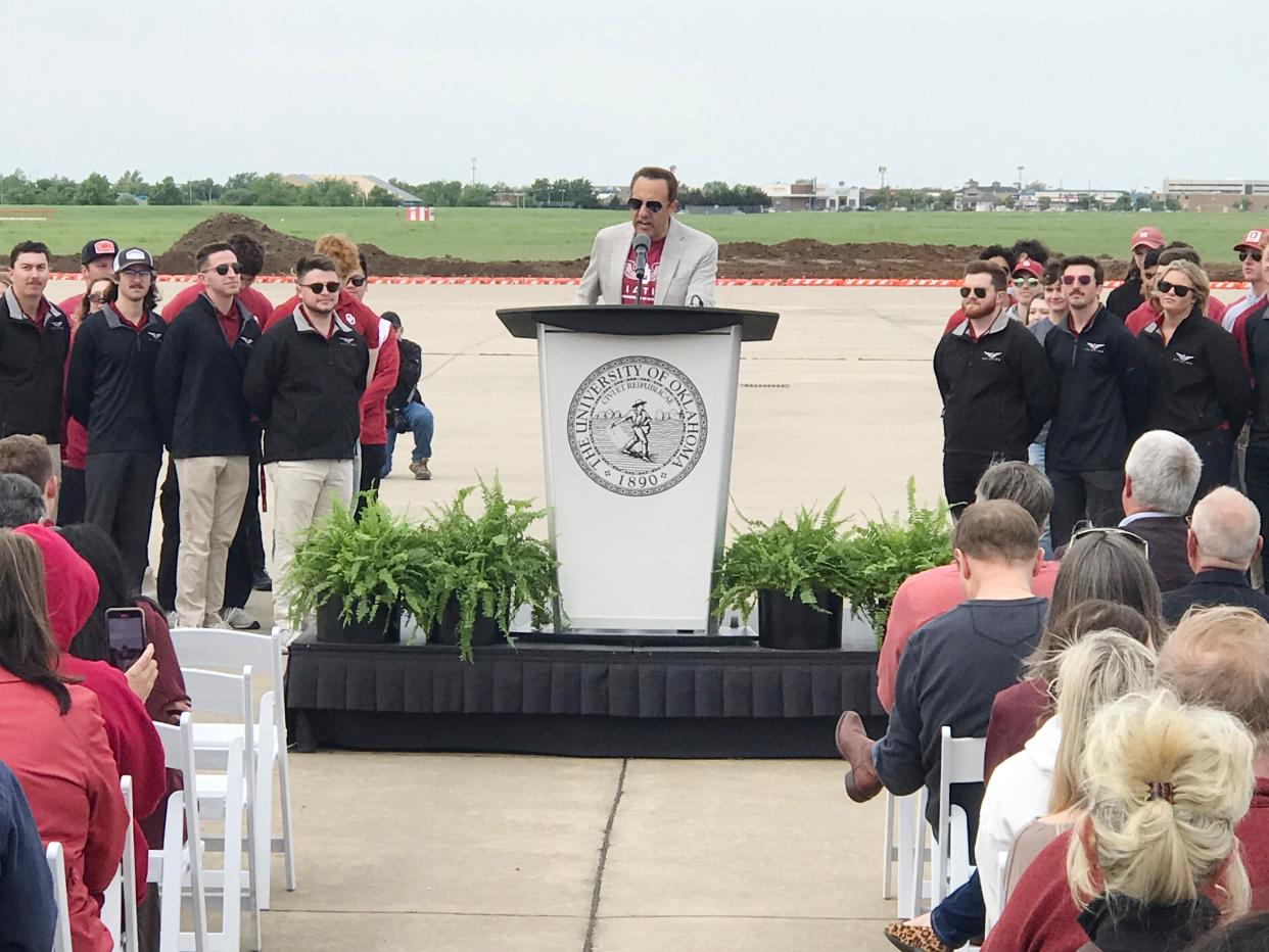 OU President Joseph Harroz speaking at Friday's ceremony at Max Westheimer Airport.