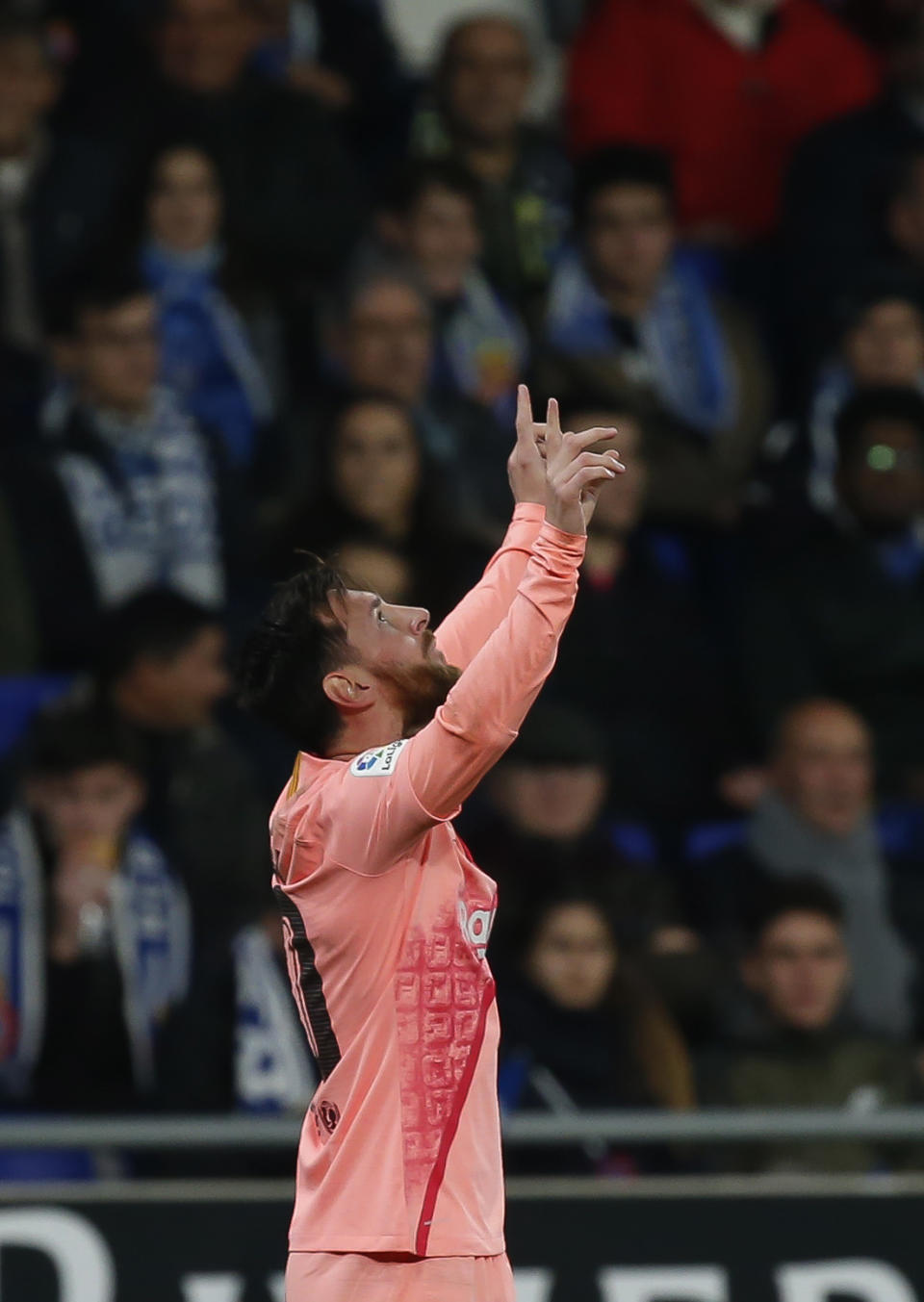 FC Barcelona's Lionel Messi celebrates during the Spanish La Liga soccer match between Espanyol and FC Barcelona at RCDE stadium in Cornella Llobregat, Spain, Saturday, Dec. 8, 2018. (AP Photo/Joan Monfort)