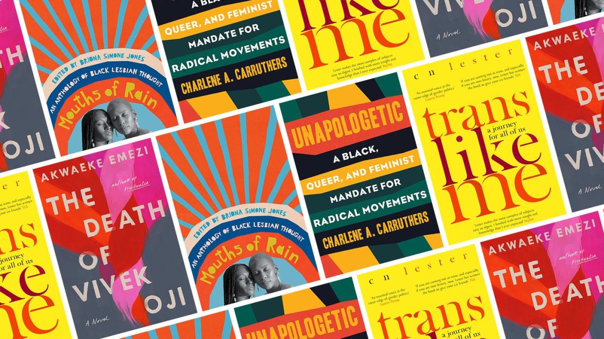 a collage of the following book covers trans like me, the death of vivek oji, mouths of rain, and unapologetic