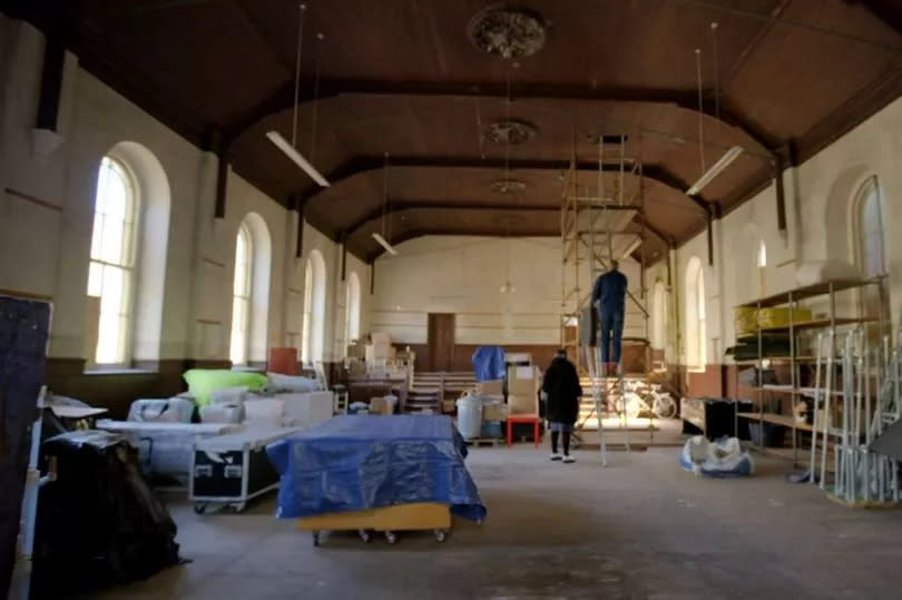 Inside the former Sunday School building amid renovation works