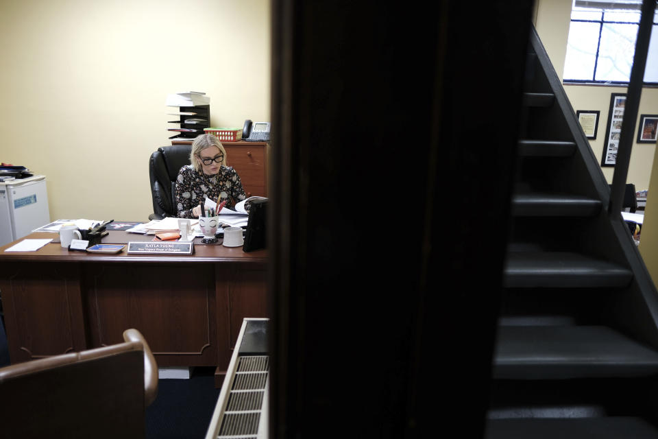 West Virginia state Rep. Kayla Young, D-Kanawha, works in her office at the Capitol in Charleston, W.Va., on Wednesday, Jan. 25, 2024. West Virginia has the least amount of female state legislators.(AP Photo/Chris Jackson)