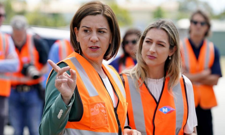 The LNP leader, Deb Frecklington, and the MP for Currumbin, Laura Gerber, tour Neumann Steel Fabrication on the Gold Coast