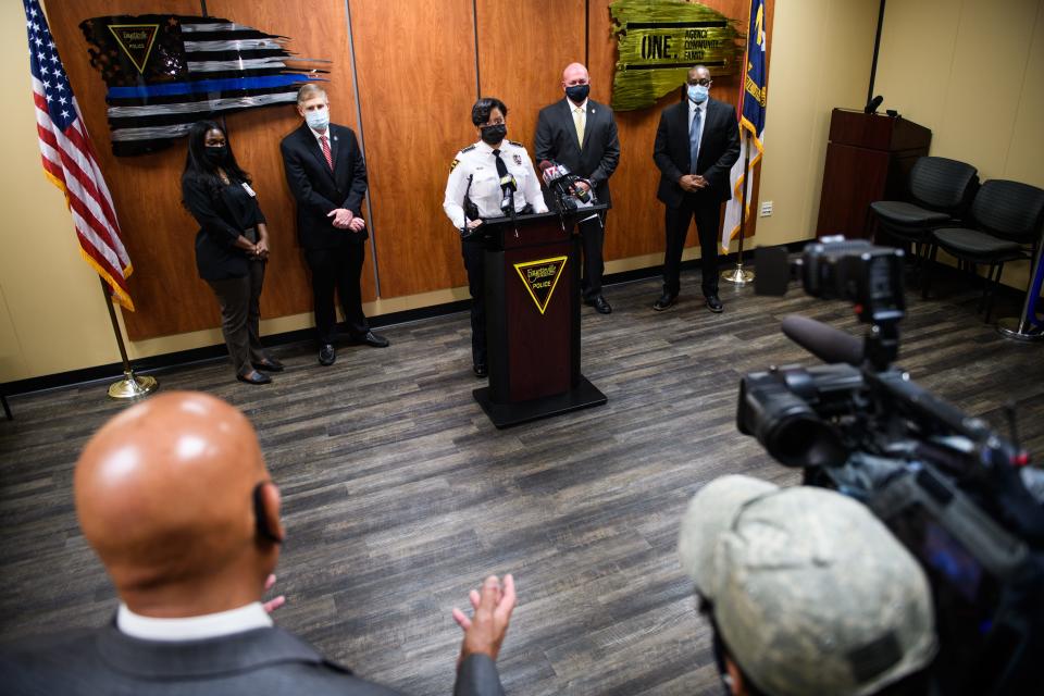 Fayetteville Police Chief Gina Hawkins answers questions  Monday during a news conference to announce an arrest in a 1992 kidnapping and sexual assault case.