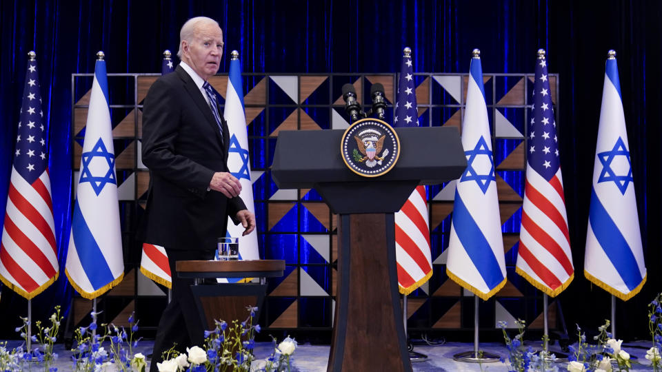 FILE - President Joe Biden walks to the podium to deliver remarks on the war between Israel and Hamas after meeting Israeli Prime Minister Benjamin Netanyahu, Wednesday, Oct. 18, 2023, in Tel Aviv. Democratic views on how President Joe Biden is handling the decades-old conflict between Israelis and Palestinians have rebounded slightly, according to a new poll from The Associated Press-NORC Center for Public Affairs Research. (AP Photo/Evan Vucci, File)