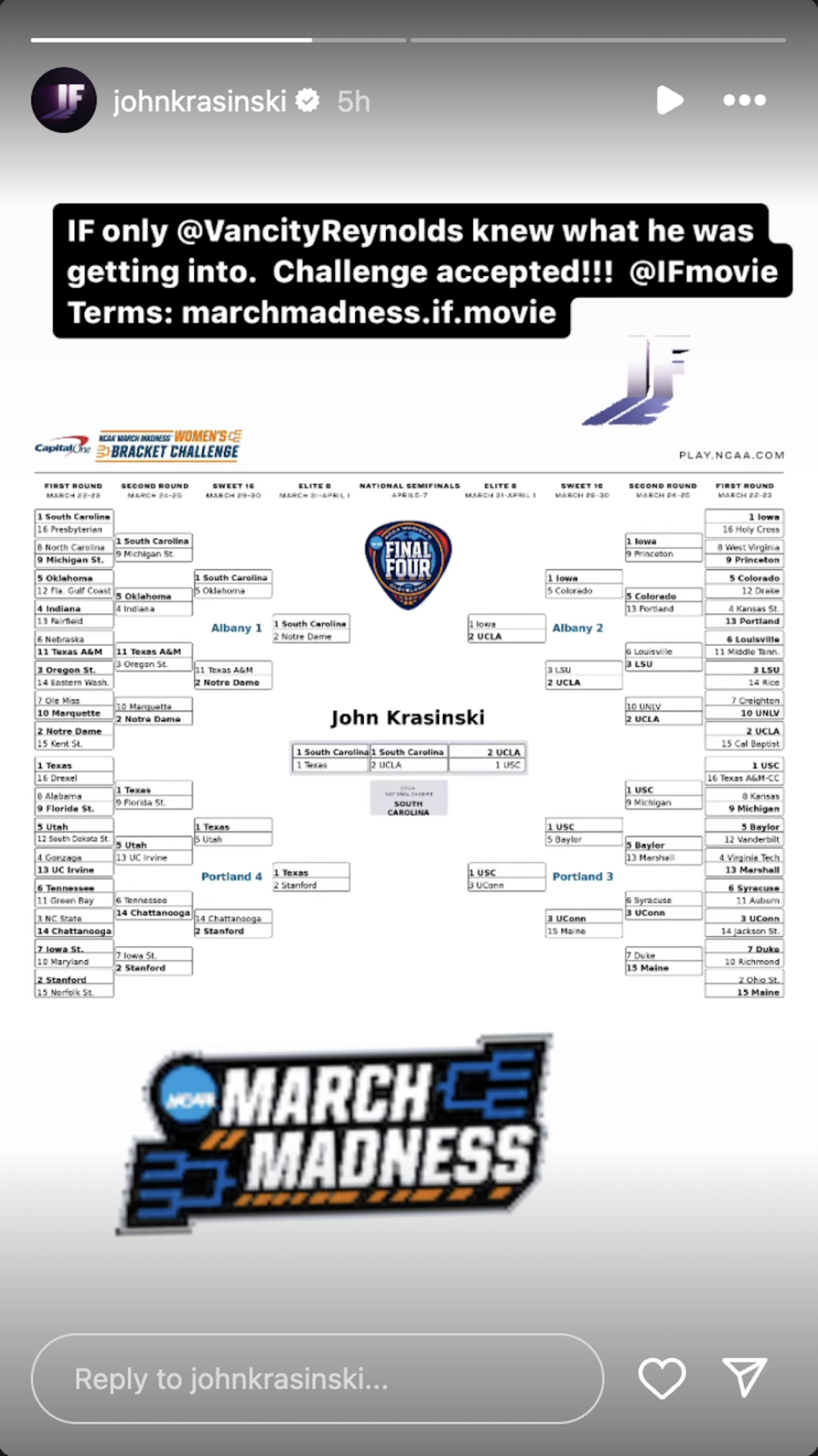 John Krasinski accepts Ryan Reynold's March Madness challenge on instagram story