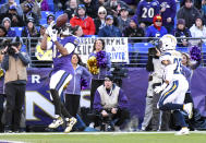 <p>Baltimore Ravens wide receiver Michael Crabtree (15) catches a 31 yard touchdown pass in the fourth quarter against Los Angeles Chargers cornerback Casey Hayward (26) in action on January 6, 2019, at M&T Bank Stadium in Baltimore, MD. (Photo by Mark Goldman/Icon Sportswire) </p>