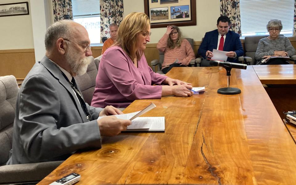 Lebanon County Court of Common Pleas President Judge John Tylwalk and Probation Services Director Audrey Fortna speak with county commissioners Thursday about applying with Susquehanna Service Dogs for a court facility dog.