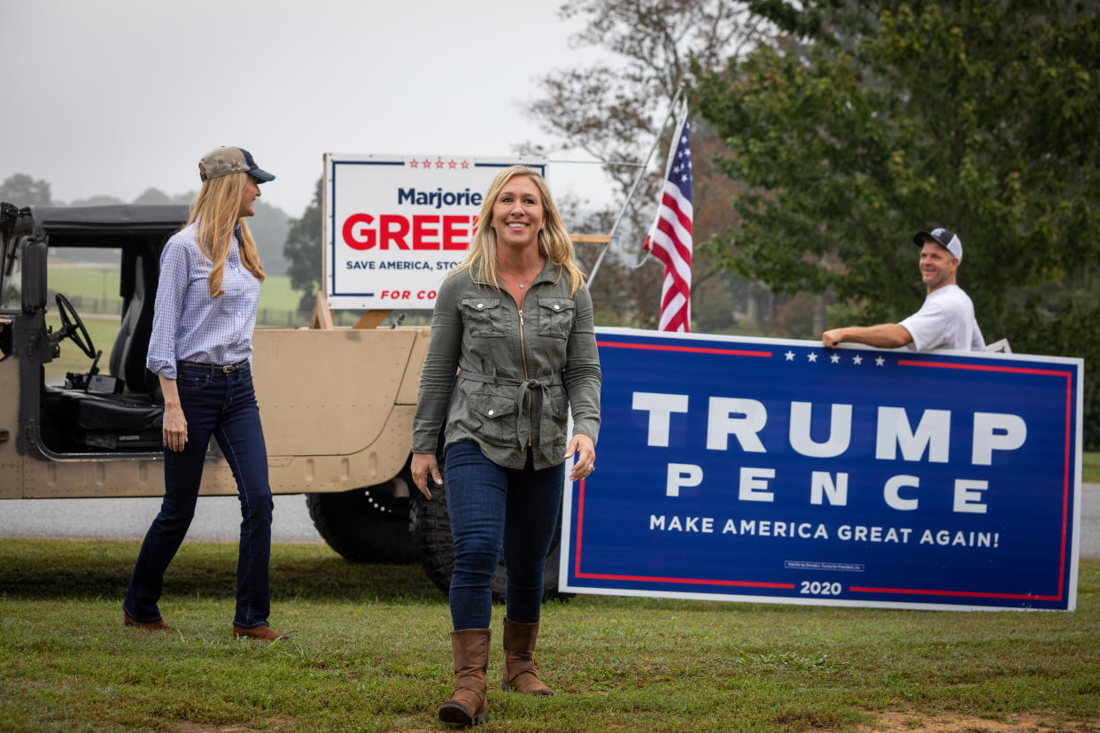 Georgia Rep. Marjorie Taylor Greene and former Sen. Kelly Loeffler (R-GA) arrive at a press conference. (Photo by Dustin Chambers/Getty Images)