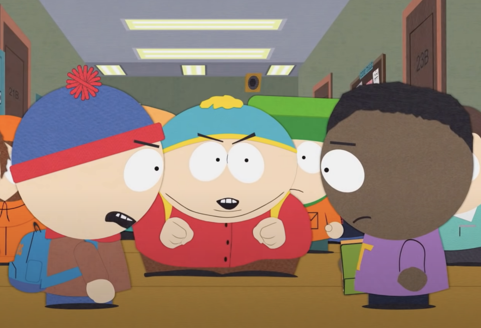 "South Park" characters looking at a Black student in shock