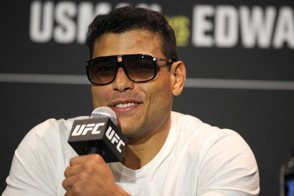 SALT LAKE CITY, UT - AUGUST 20: Paulo Costa speaks to the media following his UFC 278 win on August 20, 2022, at the Vivint in Salt Lake City, UT. (Photo by Amy Kaplan/Icon Sportswire via Getty Images)