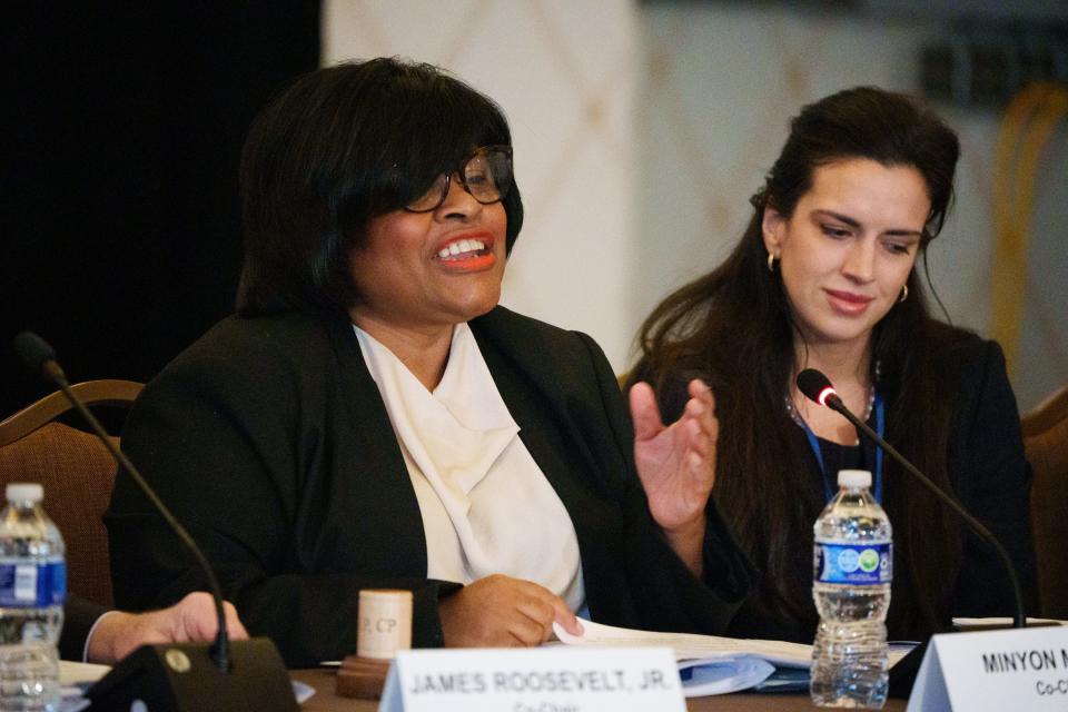 Minyon Moore, co-chair of the Democratic National Committee rules and bylaws committee, speaks during a meeting regarding the order of the presidential nominating calendar and the fate of Iowa's first in the nation caucuses.