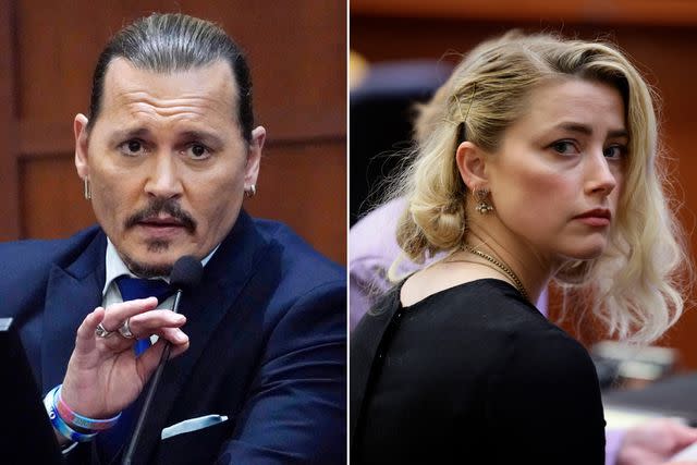 <p>STEVE HELBER/POOL/AFP via Getty Images; EVELYN HOCKSTEIN/POOL/AFP via Getty Images</p> Johnny Depp testifies in the courtroom at the Fairfax County Circuit Courthouse; Amber Heard waits before the jury said that they believe she defamed ex-husband Johnny Depp, while announcing split verdicts in favor of both her ex-husband Johnny Depp and Heard on their claim and counter-claim in the Depp v. Heard civil defamation trial