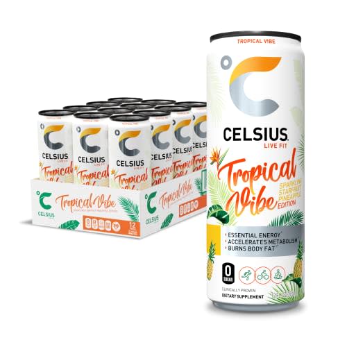 CELSIUS Essential Energy Drink, Sparkling Tropical Vibe 12 Fl Oz (Pack of 12)