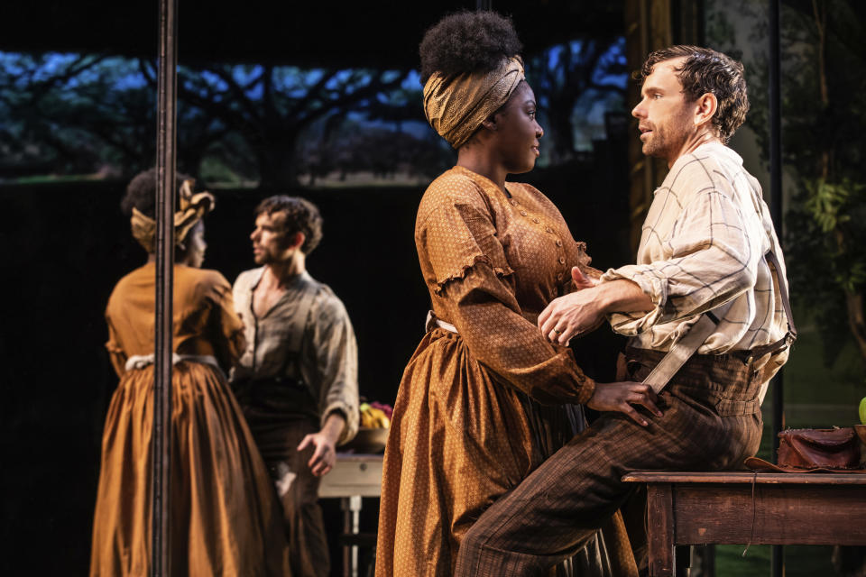 This image released by DKC O&M shows Paul Alexander Nolan, right, and Joaquina Kalukango during a performance of "Slave Play." Nominations for Tony Awards will be announced Thursday with just 18 eligible plays and musicals making the cut, a fraction of the 34 shows the season before. (Matthew Murphy/DKC O&M via AP)