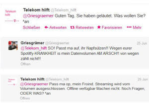 Die Telekom kontert Anfeindungen eines Netzpöblers amüsant. (Bild: Screenshot)
