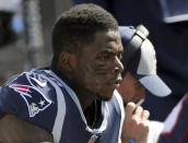 FILE - In this Sept. 30, 2018, file photo, New England Patriots wide receiver Josh Gordon watches from the sideline during the first half of an NFL football game against the Miami Dolphins, in Foxborough, Mass. Patriots receiver Josh Gordon says he is stepping away from football in order to focus on his mental health. In a statement posted on Twitter on Thursday morning, Dec. 20, 2018, Gordon said his decision was spurred by him feeling recently that he could have a better grasp on things mentally. He thanked the Patriots for their support and vowed to work his way back. (AP Photo/Elise Amendola, File)