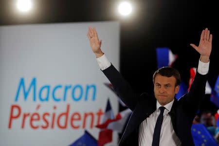 Emmanuel Macron, head of the political movement En Marche !, or Onwards !, and candidate for the 2017 presidential election, attends a campaign rally in Paris, France, May 1, 2017. REUTERS/Philippe Wojazer