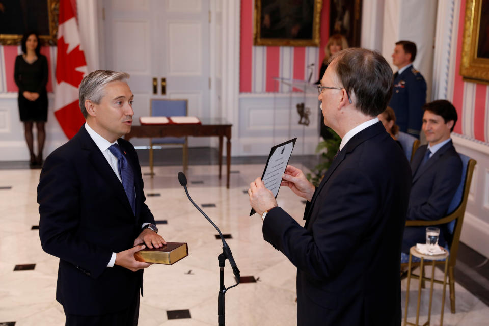 Francois-Philippe Champagne is sworn-in as Minister of Foreign Affairs during the presentation of Trudeau's new cabinet, at Rideau Hall in Ottawa, Ontario, Canada November 20, 2019. REUTERS/Blair Gable