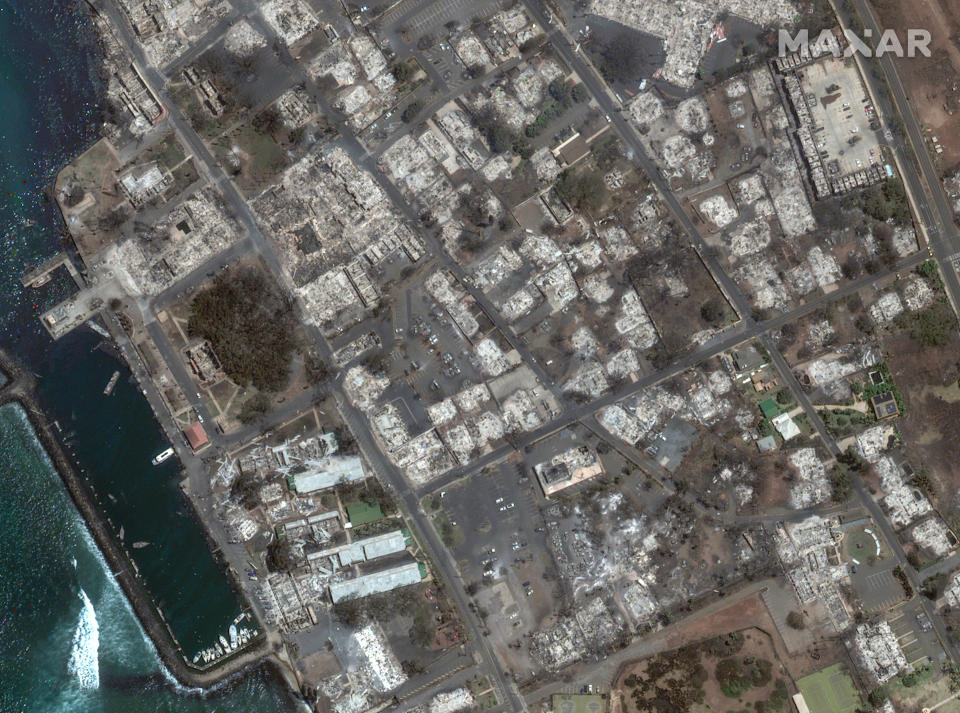 WILDFIRE LAHAINA, MAUI, HAWAII -- AUGUST 9, 2023:  06 Maxar satellite imagery showing total destruction of the Banyan Court area after the Lahaina Wildfire.  Please use: Satellite image (c) 2023 Maxar Technologies.