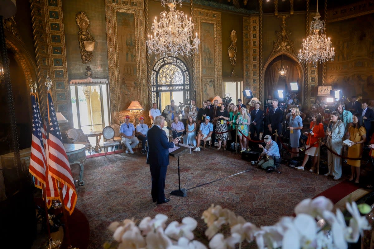 Donald Trump held a press conference one week ago at Mar-a-Lago, in the hopes of regaining the national spotlight and providing a positive boost of momentum for his campaign. It didn’t work.  (Getty Images)