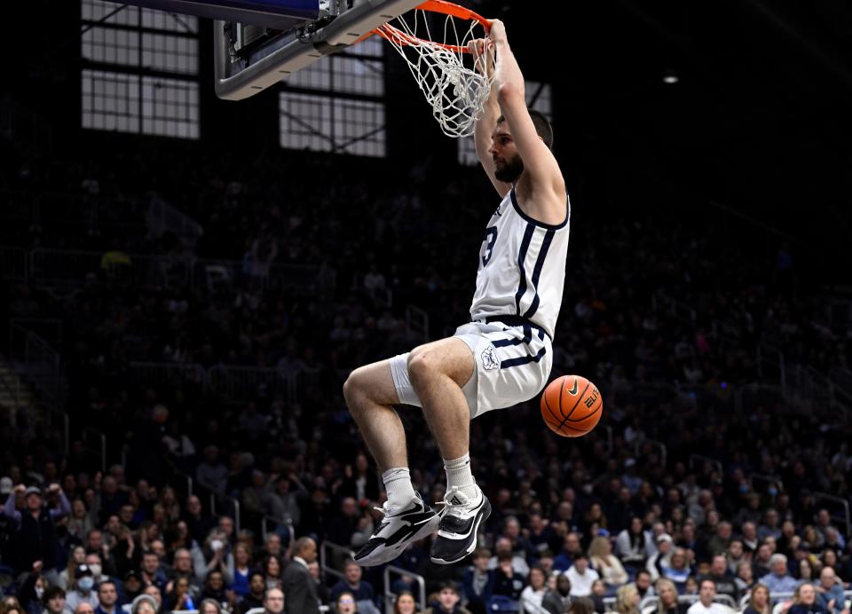 Feb 12, 2022; Indianapolis, Indiana, USA;  Butler Bulldogs forward Bryce Golden (33) dunks the ball during the first half against the Marquette Golden Eagles at Hinkle Fieldhouse. Mandatory Credit: Marc Lebryk-USA TODAY Sports