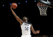 United States' Myles Turner drives to the basket during their exhibition basketball game against Australia in Melbourne, Thursday, Aug. 22, 2019. (AP Photo/Andy Brownbill)