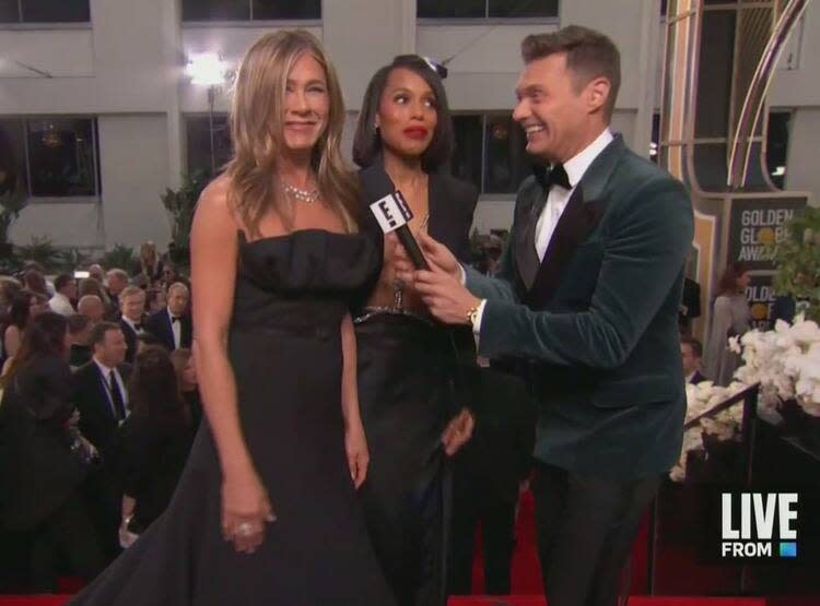 Kerry Washington stepped out of her interview to make space for Jennifer Aniston. Photo: E!