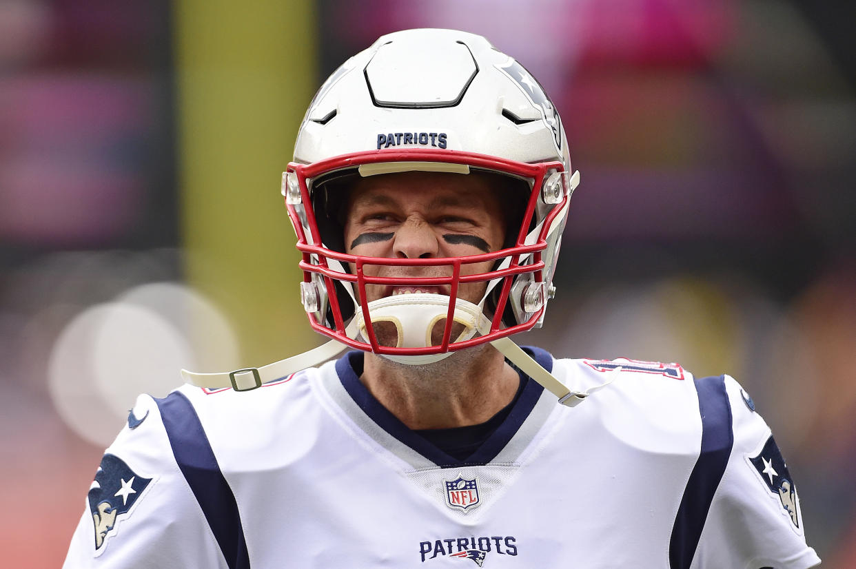 LANDOVER, MD - OCTOBER 06: Tom Brady #12 of the New England Patriots warms up prior to a game against the Washington Redskins at FedExField on October 6, 2019 in Landover, Maryland. (Photo by Patrick McDermott/Getty Images)