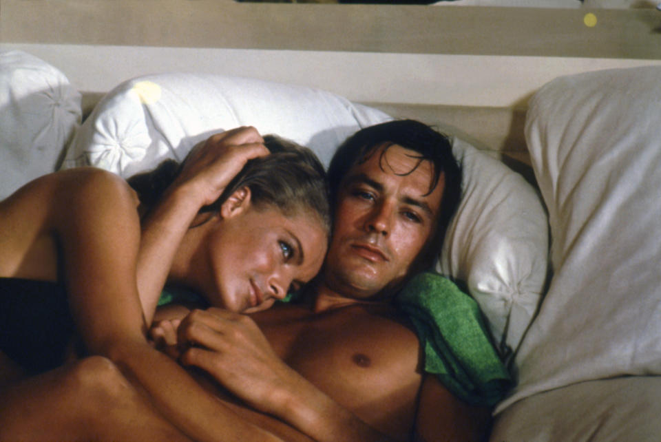 <p>Alain Delon and Romy Schneider on the set of "La Piscine". (Photo by Sunset Boulevard/Corbis via Getty Images)</p>
