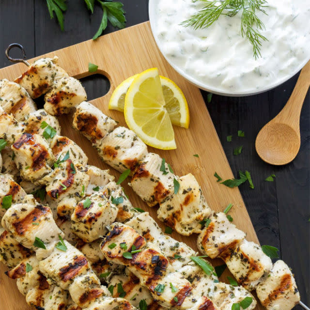 <p>These marinated chicken kebobs are pretty flavorful all on their own, but once you dip them in the tzatziki made using Greek yogurt, you'll truly be in love.</p><p><strong>Get the recipe at <a rel="nofollow noopener" href="http://reciperunner.com/greek-lemon-chicken-skewers-tzatziki-sauce/" target="_blank" data-ylk="slk:Recipe Runner;elm:context_link;itc:0;sec:content-canvas" class="link ">Recipe Runner</a>.</strong></p>